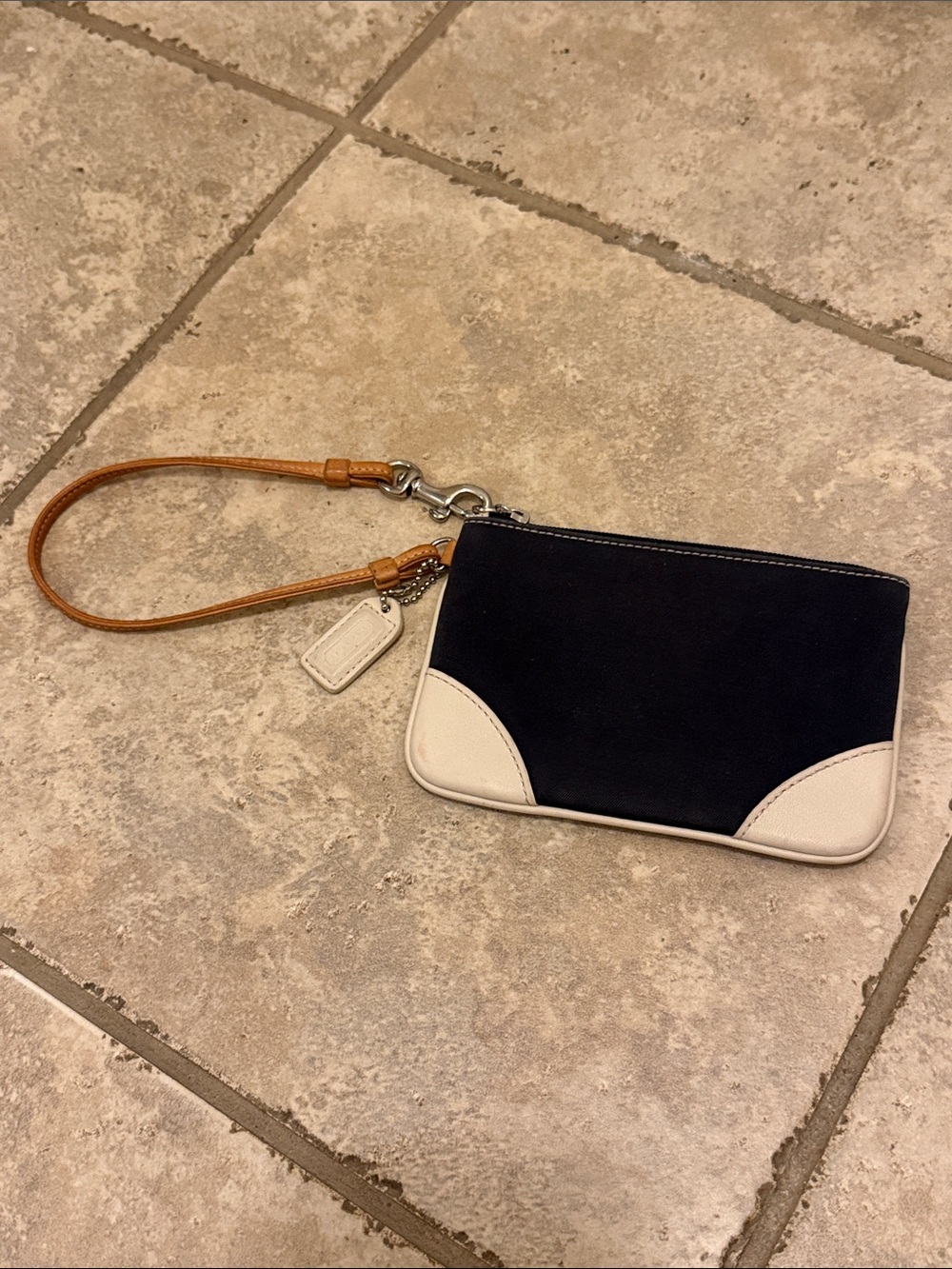 Vintage Y2K Coach Hamptons Navy Pouch Wristlet Black Canvas & Cream Leather